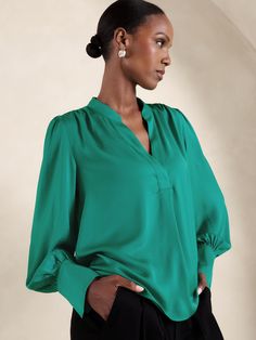 Volume-Sleeve Blouse | Banana Republic Factory Elegant Green Top With Gathered Sleeves, Chic Tops With Blouson Sleeves And Split Neck, Elegant V-neck Top With Smocked Cuffs, Banana Republic Factory, Band Collar, Banana Republic, Sleeve Blouse, Split, Long Sleeves