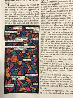 an open book with colorful stained glass and words on the front page, in english