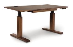 a wooden table with two black legs and a brown top on an isolated white background