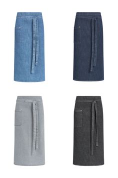 four different styles of skirts with ties on each side and one in blue, the other grey