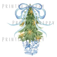 a watercolor painting of a christmas tree with blue ribbon and starfish on it