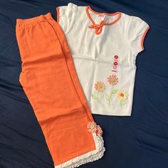 100% Cotton Size 3t New With Tags Gymboree Spring Summer Flower Matching Top And Pant Set! Auper Cute! Spring Cotton Set In Orange, Orange Cotton Sets For Spring, Spring Season Orange Cotton Set, Spring Orange Cotton Set, Cute Orange Short Sleeve Sets, White Matching Set For Spring, White Playwear Sets For Spring, Orange Short Sleeve Sets For Spring, White Short Sleeve Pant Set For Summer