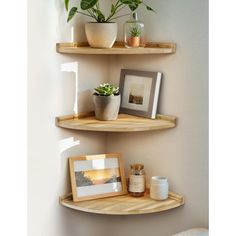 three wooden shelves with plants and pictures on them