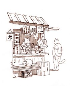 a drawing of a cat standing in front of a food stand with cats on it