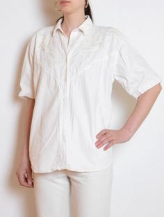 70's Beaded White Blouse Embroidered Shirt Vintage - Etsy Poland Spring Western Button-up Blouse, Spring Western Style Button-up Blouse, Western Style Button-up Blouse For Spring, White Bohemian Collared Shirt, White Bohemian Collared Top, White Collared Bohemian Top, Bohemian White Collared Top, White Embroidered Western Top, Western Style White Embroidered Top