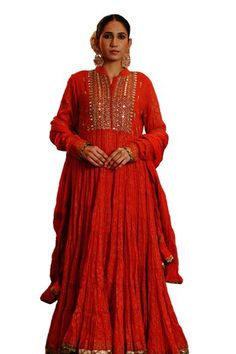 Red 10 frill anarkali with all over butti prints, elevated with mirror embroidered yoke. Paired with a churidar and dupatta. - Aza Fashions Navratri Anarkali Set With Yoke Detail, Anarkali Without Yoke, Red Semi-stitched Bohemian Anarkali Set, Festive Anarkali Dress With Yoke Detail, Festive Kurta With Yoke Detail, Stand Mirror, Anarkali Churidar, Diana Penty, Kareena Kapoor Khan