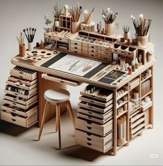 a desk with lots of drawers and various items on it, including paintbrushes