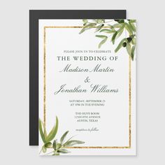 an elegant wedding card with greenery on it