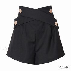 Lasaky - Chic Cross Strap High Waist A-Line Shorts with Metal Buttons and Frill Trim Wide Leg Shorts, Casual Bottoms, A Line Shorts, Clothing Details, High Waist Bottoms, Loose Outfit, Loose Shorts, Designer Shorts, Women Trends