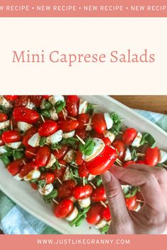 a white plate filled with tomatoes and mozzarella salad on top of a blue towel