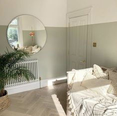 a living room with a couch, mirror and potted plant in the corner on the floor