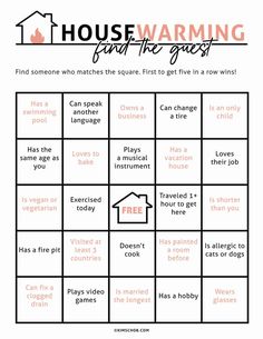 a house warming game with words and pictures