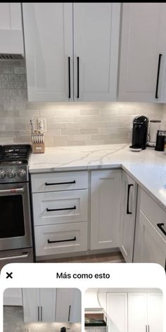 a kitchen with white cabinets and marble counter tops in the same color as the backsplash