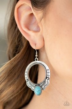 An oval turquoise stone is pressed into the bottom of a scalloped silver hoop stamped and studded in trendy patterns for a southwestern inspired look. Earring attaches to a standard fishhook fitting.

 Sold as one pair of earrings. Paparazzi Accessories Jewelry, Trendy Patterns, Branch Earrings, Spring Earrings, Spring Nature, Fish Hook Earrings, Valentines Necklace, Paparazzi Accessories, Paparazzi Jewelry