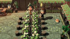 an animated image of two people in a garden with plants and pots on the ground