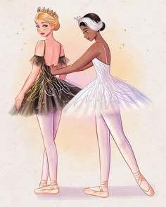 two ballerinas in tutu skirts and tiaras, one is holding the other's hand