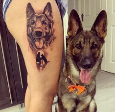 a dog sitting next to a woman with a tattoo on her leg