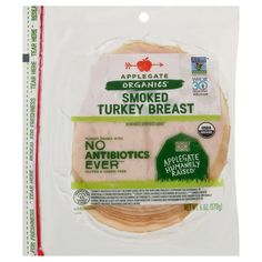 an open package of smoked turkey breast with no antibiotics ever on the label