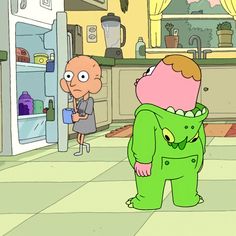 a cartoon character is standing in front of an open refrigerator and looking at another person