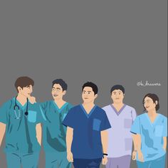 a group of men standing next to each other wearing scrubs and medical gowns