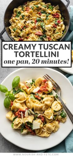 two plates with tortellini and spinach on them next to a skillet