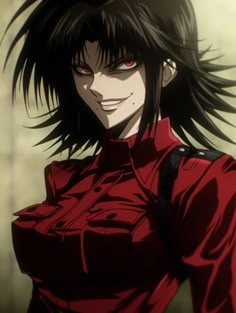 an anime character with long black hair and red eyes, wearing a red shirt in front of a wall