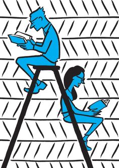 two people sitting on stools reading books in front of a brick wall with arrows