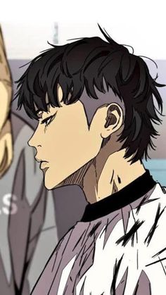 an anime character with black hair and white shirt looking off to the side in front of him