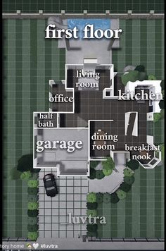 an aerial view of a house with the words first floor and garage in front of it