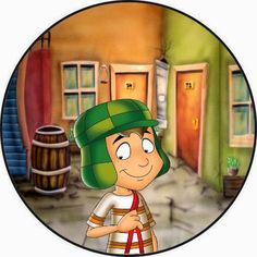 a boy with a green hat is standing in front of a building