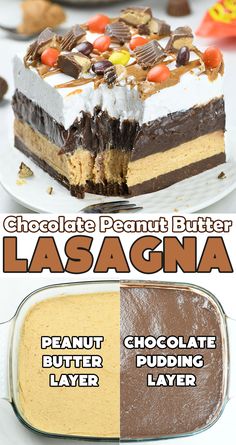 A decadent layered dessert with a cookie crumb base, followed by thick peanut butter and chocolate layers, topped with whipped cream and candy garnishes. Thanksgiving Desserts Peanut Butter, Chocolate No Bake Dessert Recipes, Chocolate Peanut Butter No Bake Cheesecake Bars, Easy Sharable Dessert, Peanut Butter Graham Cracker Dessert, Thanksgiving Dessert For Kids, Cheesecake Lush Dessert, Reeses Dessert, Chocolate Peanut Butter Lasagna