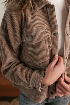 Mocha brown corduroy jacket. Snap button closure. 99% Polyester, 1% Spandex Machine wash cold with like colors Brown Corduroy Jacket Outfit, Brown Corduroy Jacket, Nice Clothes, Color Cafe, Mocha Brown, Light Academia