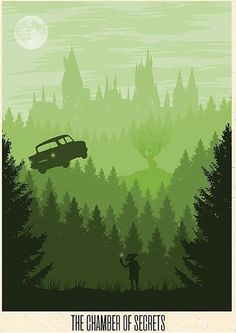 a movie poster for the chamberer of secrets with a car flying over trees in front of a castle