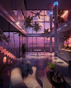 a living room filled with furniture next to tall windows at sunset or dawn in the evening