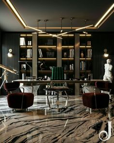 an elegant office with marble floors and black walls