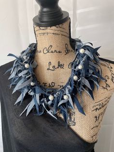 Blue Denim Fabric Necklace,Handmade in USA, Denim  Necklace,Denim Jewelry Necklace, Scarf Necklace,Best Eco Friendly. Denim Scarf, Denim Necklace, Luxury Headbands, Necklace Fabric, Elegant Headband, Knitted Necklace, Denim Jewelry, Scarf Necklace, Recycled Jeans