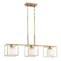 three light chandelier with square glass shades on the bottom and two hanging lights above it