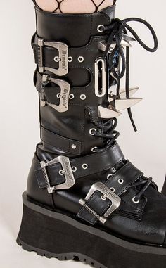 Somebody's gotta do the dirty work.¬† The Gravedigger boots feature a silver chrome plated toe cap for all the real fun, heavy duty activities you morbid kids are sure to get up to. Vegan 2 3/4" (70mm) Platform Silver Chrome Plated Metal Toe Cap Lace-Up Mid-Calf Boot Buckle Straps Cuff Featuring Large Silver Chrome Plate & Large and Small Claw Spikes Inside Metal Zip Closure U.S men's sizing-refer to size chart for more info Demonia Boots, Big Calves, Goth Shoes, Emo Stuff, Demonia Shoes, Vegan Leather Boots, Scene Outfits, Womens Combat Boots, Dirty Work