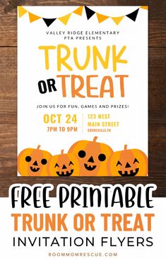 a flyer for trunk or treat with pumpkins on the front and side, in orange