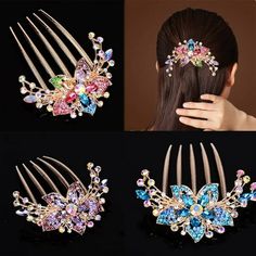 Description: Designed in the shape of flowers and leaves and decorated with colorful rhinestones, this hair comb is very shiny, beautiful, stylish and eye-catching. With it, you will be more beautiful and attractive. Adopting superb craftsmanship, this hair comb is very delicate and has a long-lasting shine. In addition, it has excellent hold so you don't have to worry about slipping. Made of high quality alloy and rhinestones material, this hair comb is wear-resistant and durable. Length of the Hair Accessories Bun, Crystal Bridal Headpiece, Hair Comb Clips, Rhinestone Hair Comb, Hair Comb Accessories, Floral Hair Clip, Rhinestone Hair Pin, Crystal Hair Comb, Vintage Hair Accessories