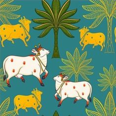 an image of cows in the jungle with palm trees and leaves on blue background for wallpaper