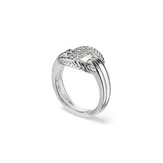 Our Single Link Ring features classic equestrian details in sterling silver. Inspired by the traditional hardware found on saddles, straps, and horse harnesses-- this ring references those elements by highlighting a signature equestrian motif, making a subtle statement. Sterling Silver Width: ½" Rhodium finish to brighten and protect Refined Silver Round Band Jewelry, Elegant Adjustable Signet Ring With Polished Finish, Classic White Gold Open Band Ring, Timeless Silver Engraved Ring For Formal Occasions, Classic White Gold Open Band Signet Ring, Timeless White Gold Jewelry With Palladium Hardware, Elegant Engraved Ring With Polished Finish And Open Band, Elegant Engraved Open Band Ring For Formal Occasions, Elegant Engraved Open Band Ring With Polished Finish