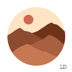 a mountain landscape with the sun in the middle and an orange circle above it that says,