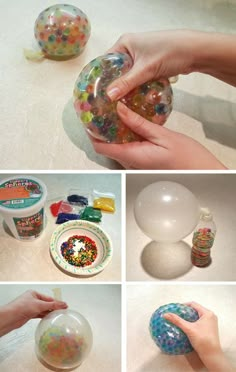 there are several pictures of different things being made with plastic balls and glue on the table