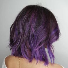 Brown Bob With Purple Balayage Purple Under Hair Color, Purple Balayage Dark Blonde, Brown To Purple Ombre Hair Medium Length, Shag Haircut Vivid Color, Short Brown Hair With Purple Underneath, Dark Roots Purple Hair, Purple Blonde Black Hair, Short Brown Hair With Purple Highlights, Brown To Purple Ombre Hair Short