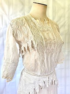 Antique Edwardian Lawn Dress 1900s White Crochet Lace 33 Bust Wedding Gown Small | eBay