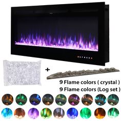 an electric fireplace with 9 different colors and 6 remote controls, including the color changing flame