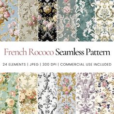 the french roco seamless pattern is shown in many different colors and sizes, including blue