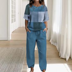 Damen Hemd Hosen-Sets Plaid Casual Bedruckt Blau Kurzarm Basic Rundhalsausschnitt Frühling & Herbst 2024 - TRY 973.85 Shirt Pant Set, Blue Spring, Green Spring, Light Hair, Shirt And Pants, Fall 2024, Two Piece Sets, Blue Shorts, Spring And Fall