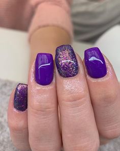 Square Spring Acrylic Nails, Oval Acrylic Nails, Glitter Accent Nails, Purple Square, Spring Acrylic Nails, Purple Nail Designs, Pretty Nail Designs, Colorful Nail Designs